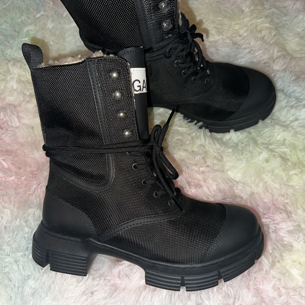 New GANNI Black Recycled Mixed Lace-Up Boots Size 37 - Picture 2 of 9